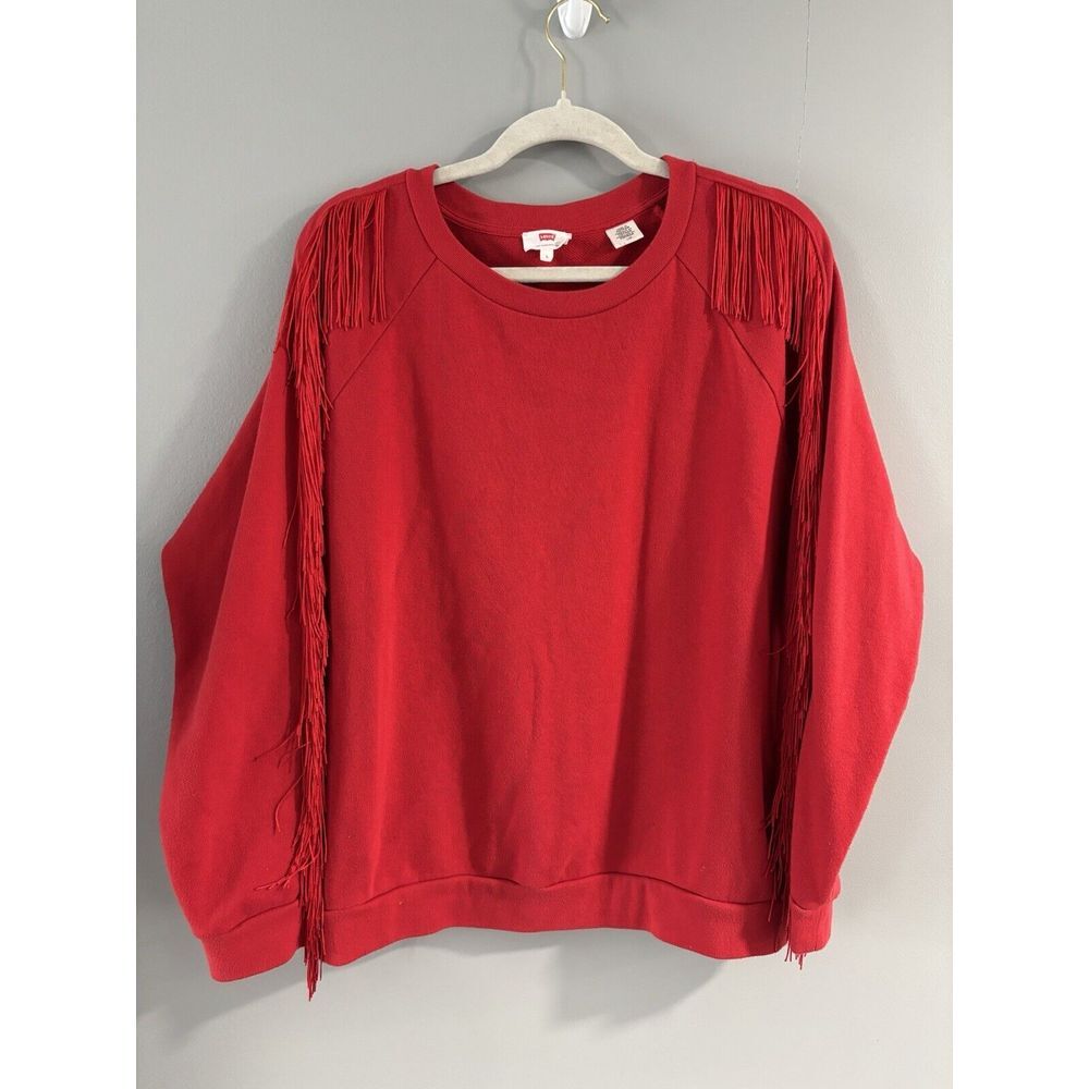 Levis Red‎ Fringe Crewneck Sweatshirt Top Brilliant Red Country Western SZ Large